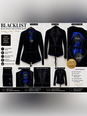 Blacklist Black Velvet Lace-Up Back Jacket with Blue Satin Lining